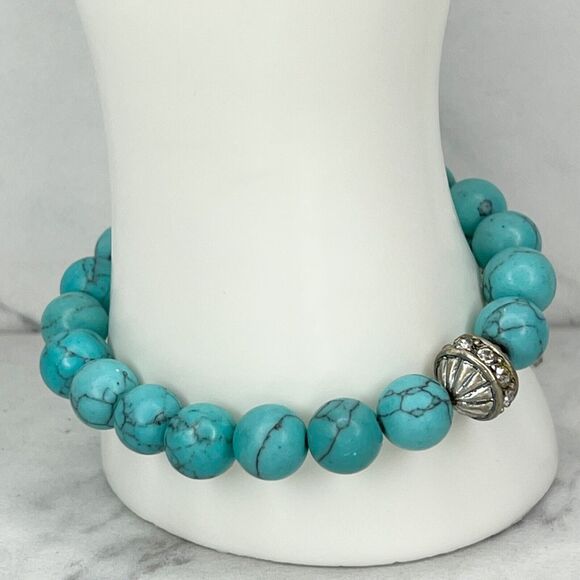 Faux Turquoise Beaded Rhinestone Seahorse Charm Stretch Bracelet - Picture 6 of 8